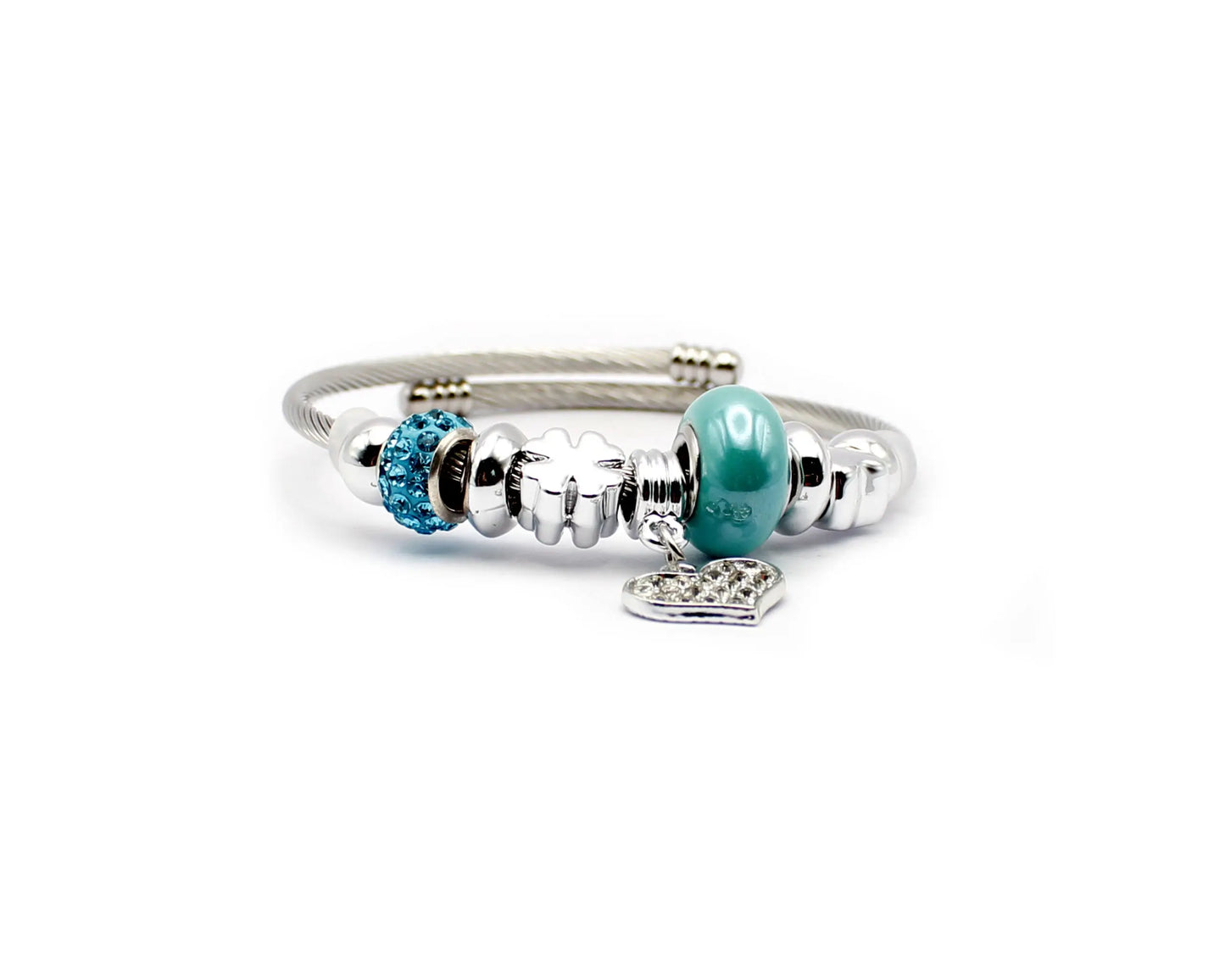 Edelstahl Armreif 19 cm mit türkisfarbener und blauer Edelsteinkugel sowie Herzanhänger mit Zirkonia für Damen