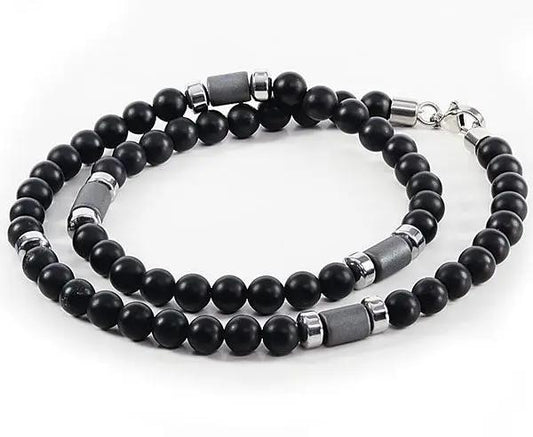 Edelstahl Kette mit Onyxkugeln und Hämatin