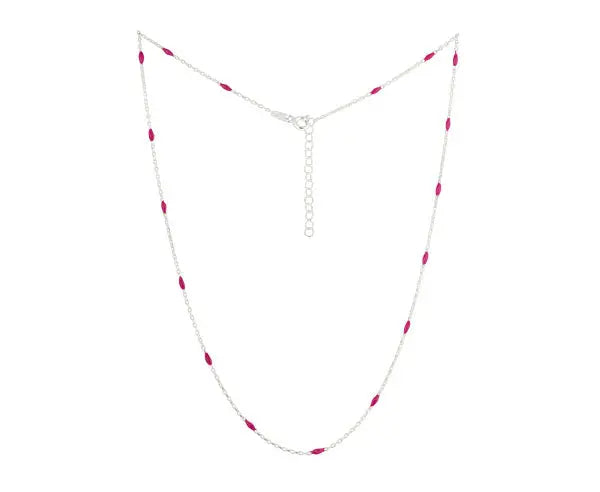Emailliertes rhodiniertes Silber Collier mit pinkfarbenen Oliven