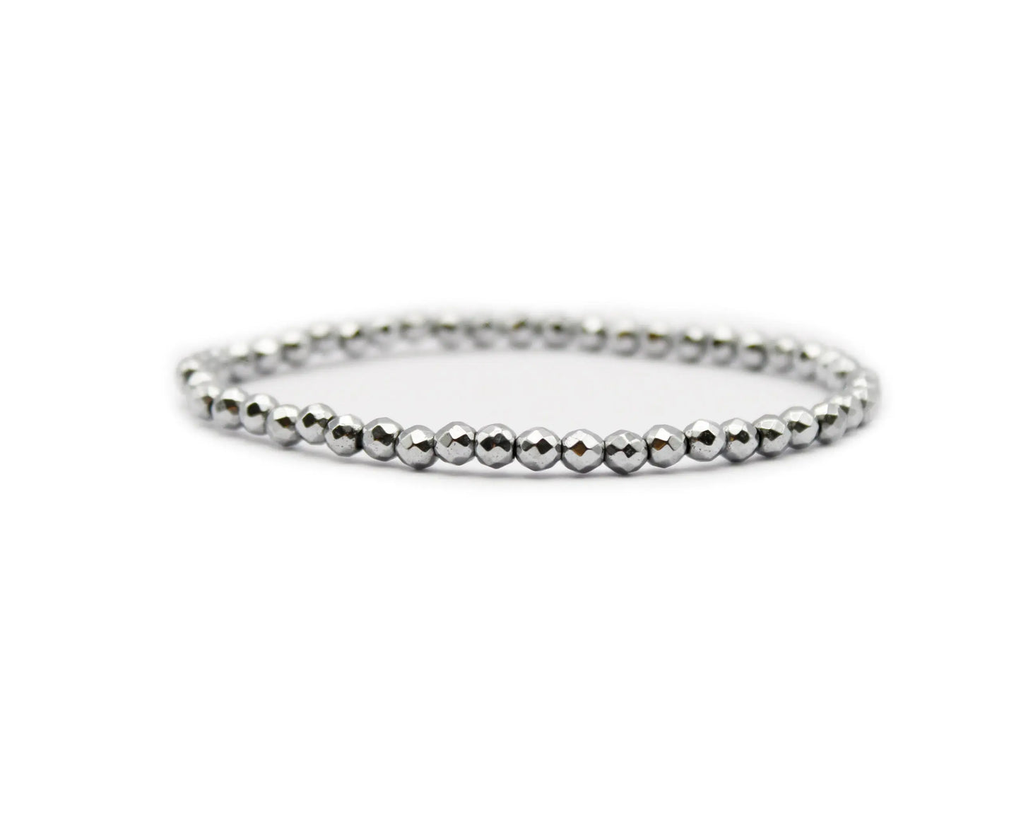 Elastisches Hämatin Armband mit rund facettierten 4 mm Edelsteinperlen, 19 cm Länge, handgefertigt für Damen und Herren