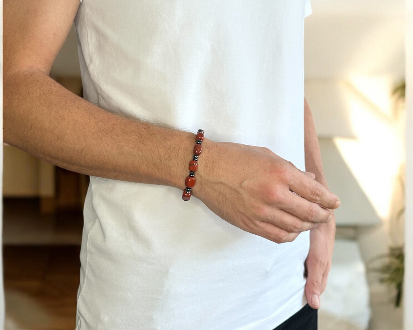 Handgefertigtes Silex-Armband mit Hämatin, 11x8 mm barocke Perlen, echtes Edelstein-Armband aus Deutschland, für Erdung und innere Stärke