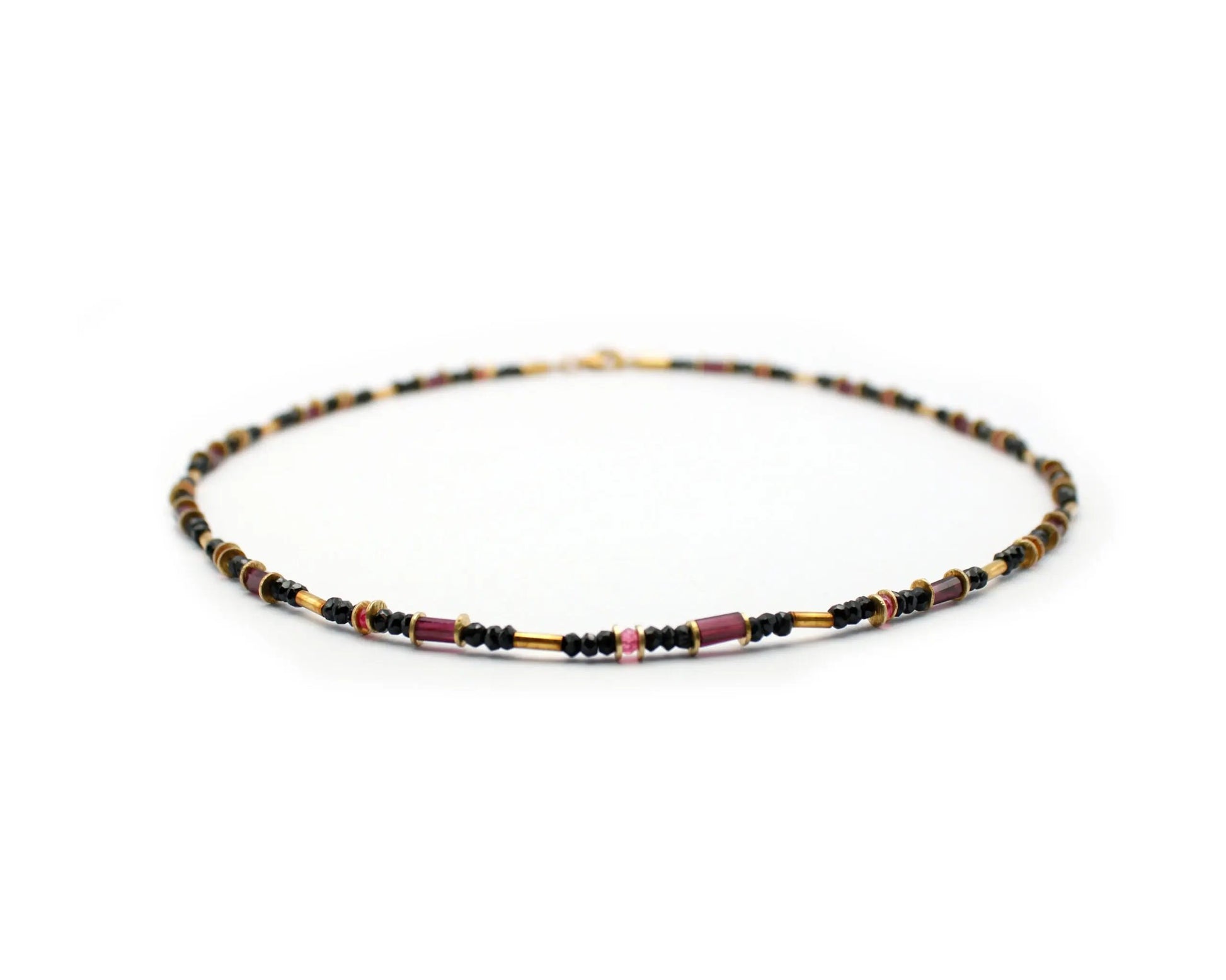 edelsteinkette black heat 45cm schwarzer spinell roter spinell granat 3mm 8mm vergoldeter karabiner silber