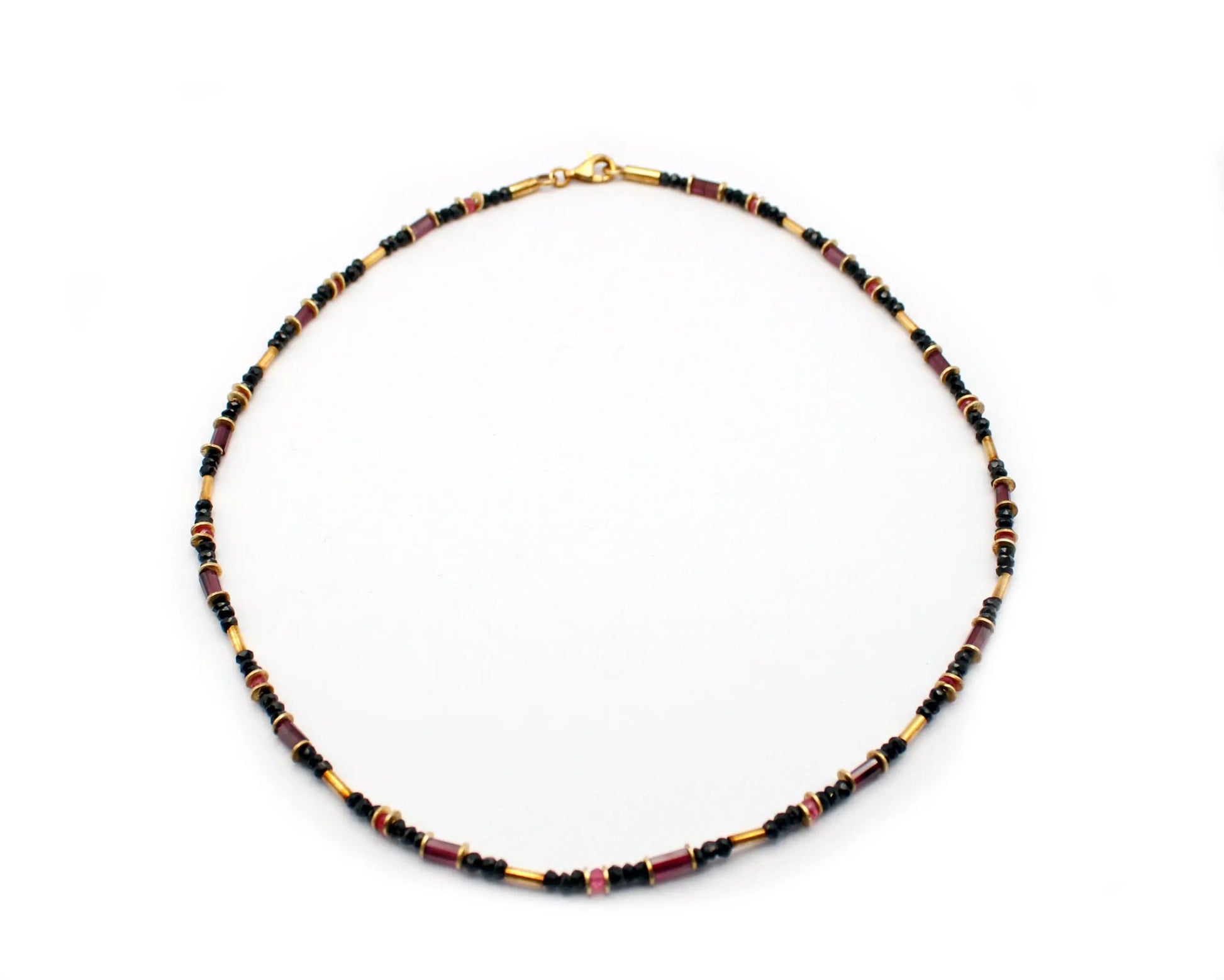 edelsteinkette black heat 45cm schwarzer spinell roter spinell granat 3mm 8mm vergoldeter karabiner silber