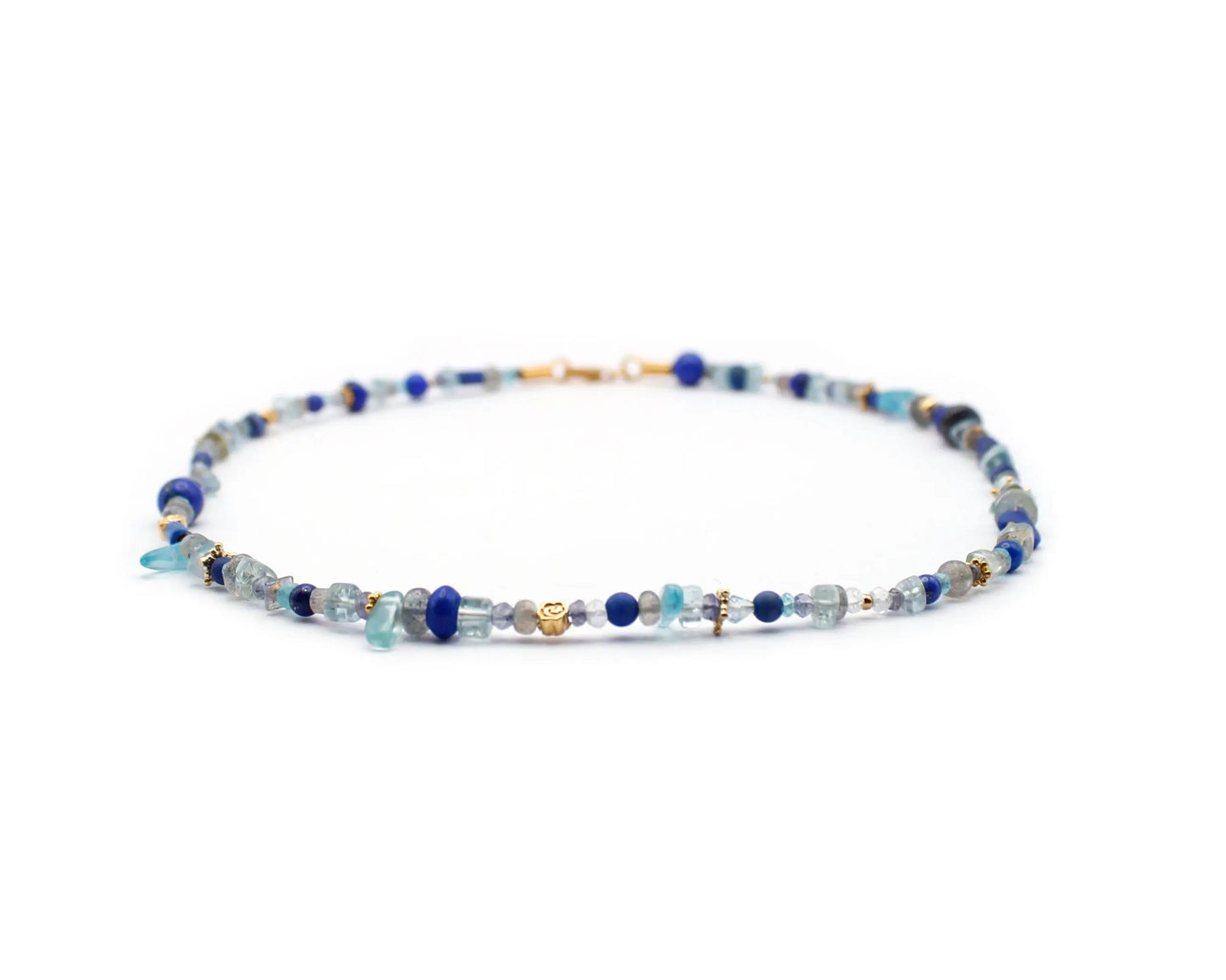 Blau-graue Edelsteinkette mit Lapis, Apatit, Iolith und Labradorit, 45 cm lang, rund & oval, 925 Silber vergoldet