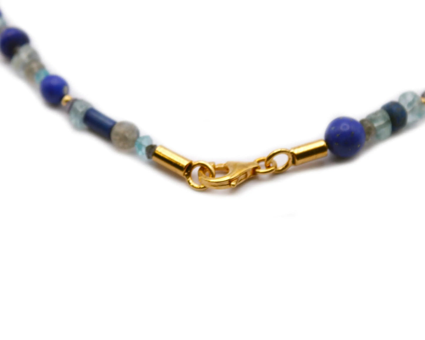 Blau-graue Edelsteinkette mit Lapis, Apatit, Iolith und Labradorit, 45 cm lang, rund & oval, 925 Silber vergoldet