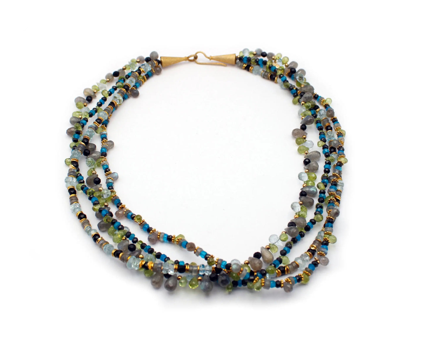 dreireihige edelsteinkette caipirinha 45cm mit aquamarin peridot spinell apatit labradorit rund tropfenförmig vergoldeter silberverschluss