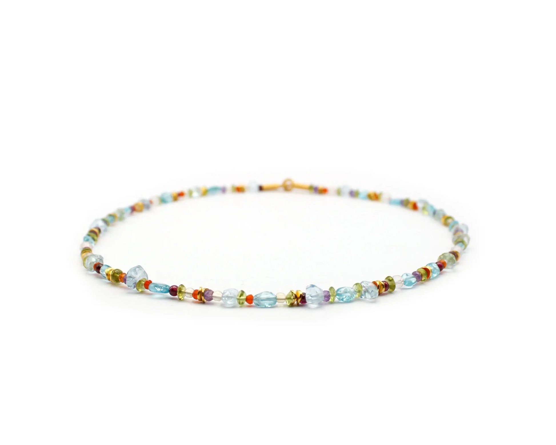 Handgefertigte bunte Edelsteinkette 45 cm mit Peridot Apatit Carneol Citrin Amethyst und Aquamarin rund geschliffen vergoldeter Einhängeverschluss