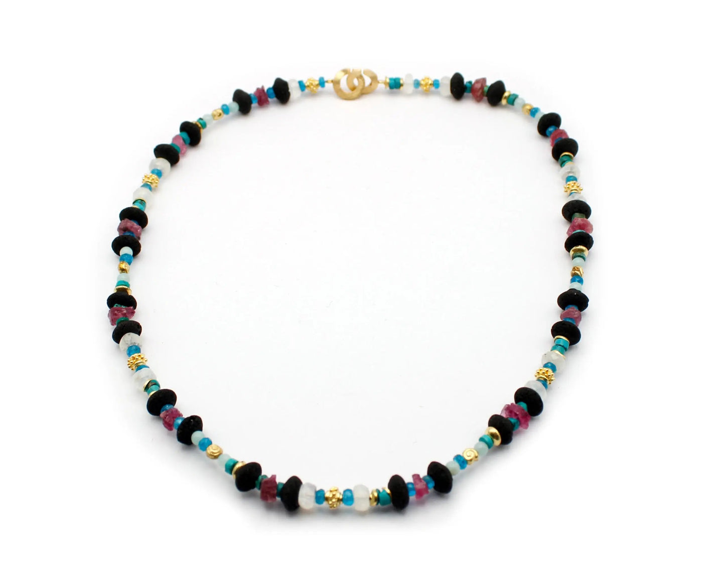 Handgefertigte Edelsteinkette 45 cm mit oval facettierten Turmalin Lava Amazonit Apatit Türkis und Mondstein Steinen vergoldeter Einhängeverschluss aus 925 Silber