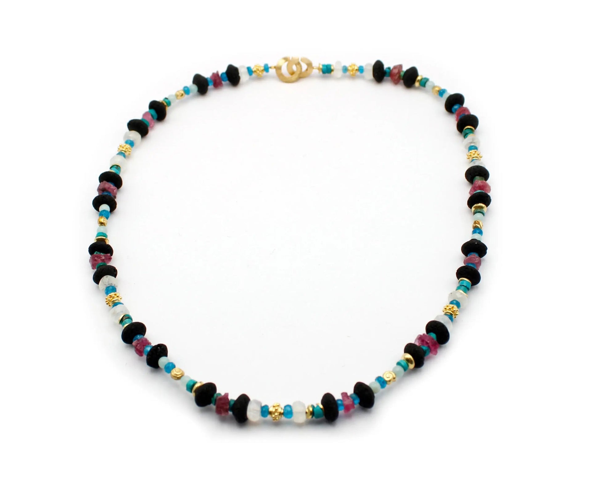 Handgefertigte Edelsteinkette 45 cm mit oval facettierten Turmalin Lava Amazonit Apatit Türkis und Mondstein Steinen vergoldeter Einhängeverschluss aus 925 Silber