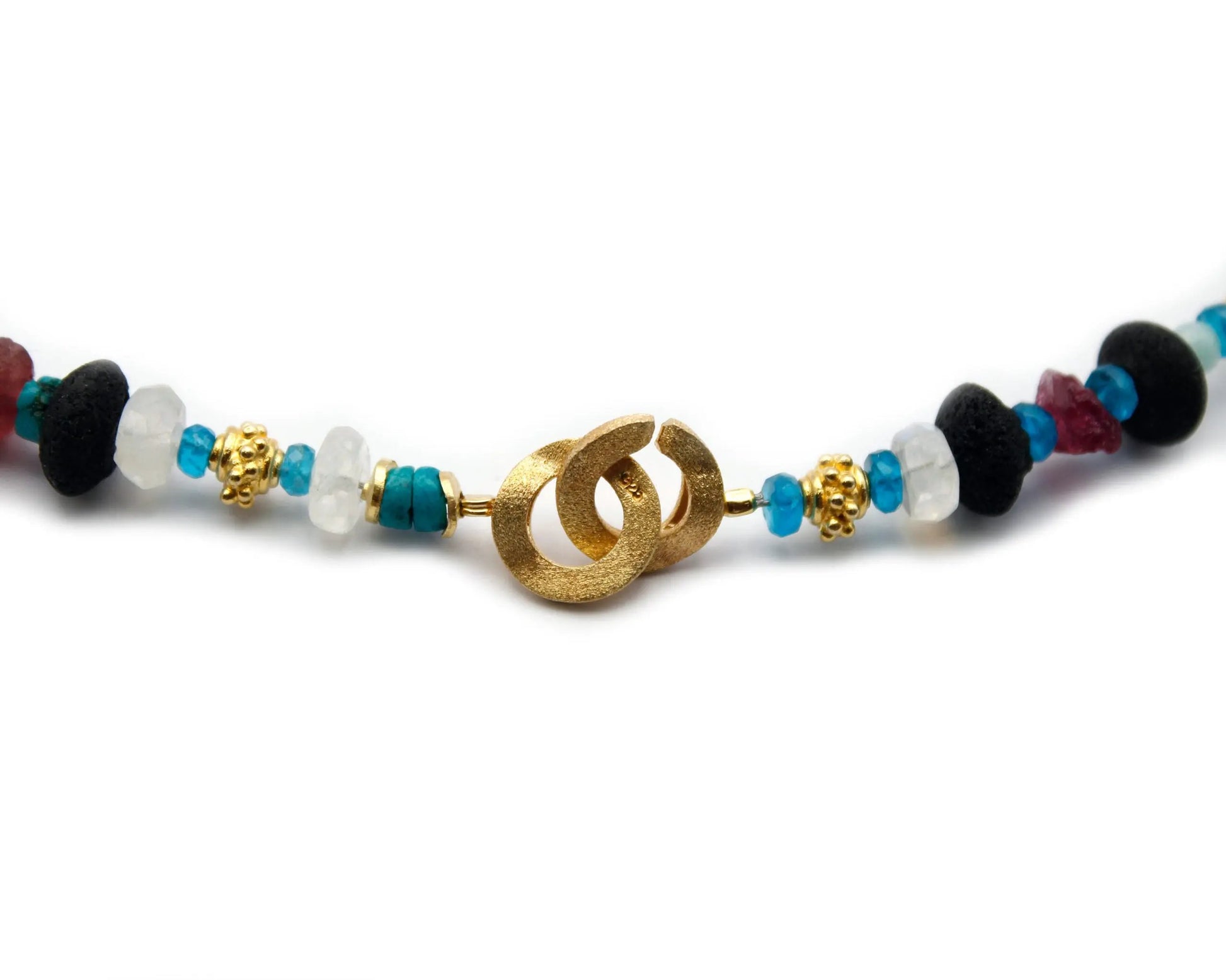 Handgefertigte Edelsteinkette 45 cm mit oval facettierten Turmalin Lava Amazonit Apatit Türkis und Mondstein Steinen vergoldeter Einhängeverschluss aus 925 Silber