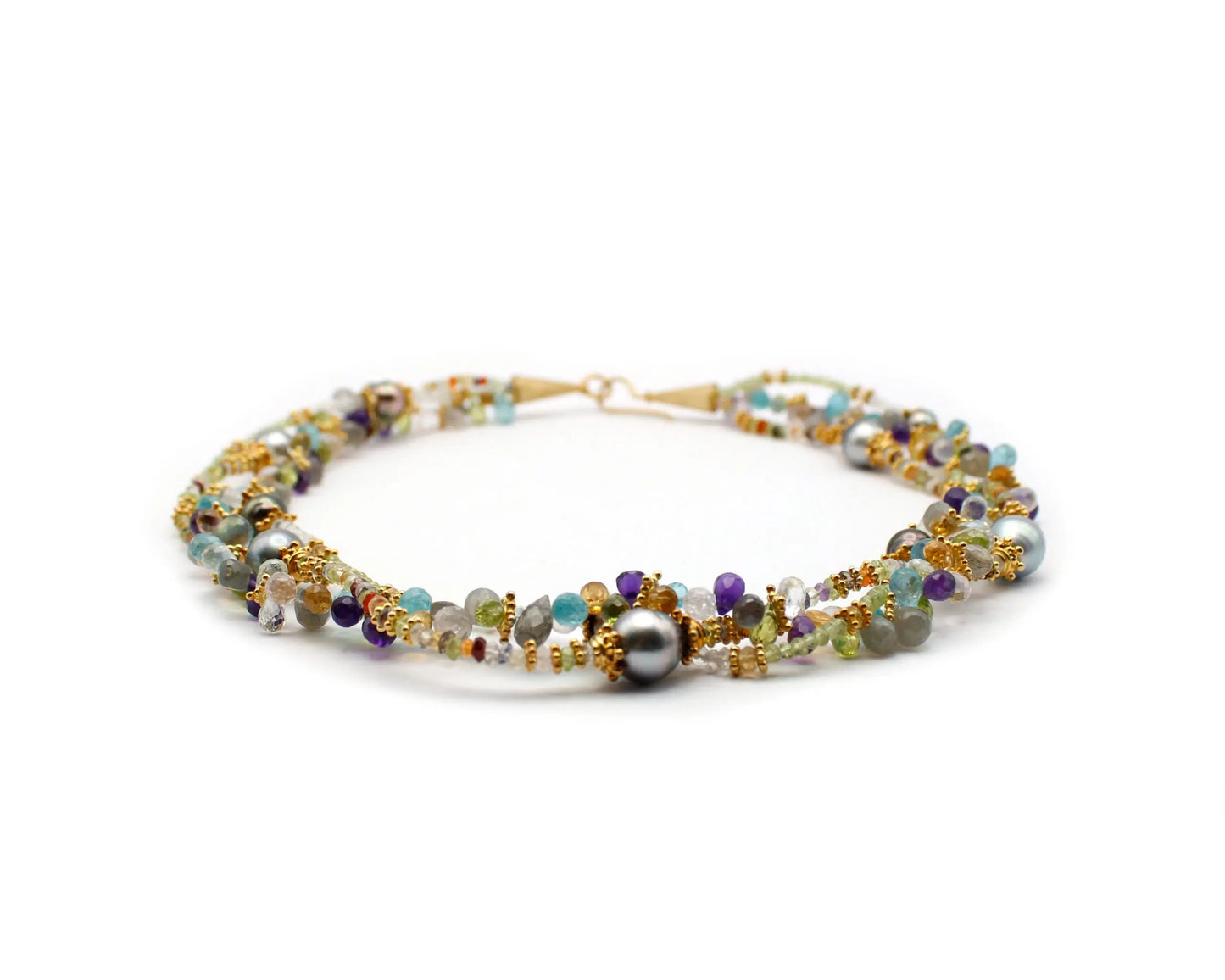 Handgefertigte Edelsteinkette 45 cm mit Peridot Aquamarin Apatit Spinell Citrin Granat und Carneol runde und tropfenförmige Steine vergoldeter Verschluss