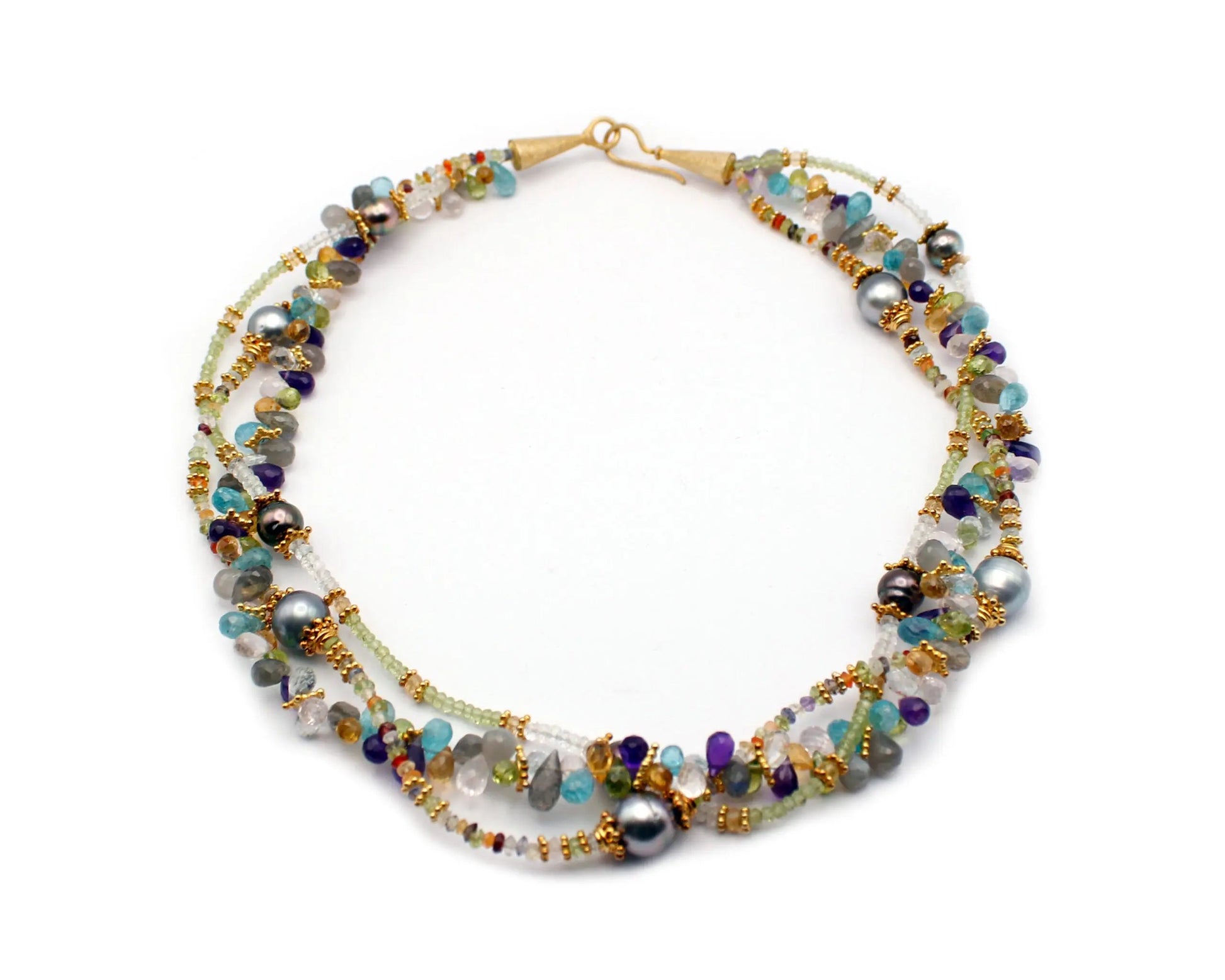 Handgefertigte Edelsteinkette 45 cm mit Peridot Aquamarin Apatit Spinell Citrin Granat und Carneol runde und tropfenförmige Steine vergoldeter Verschluss