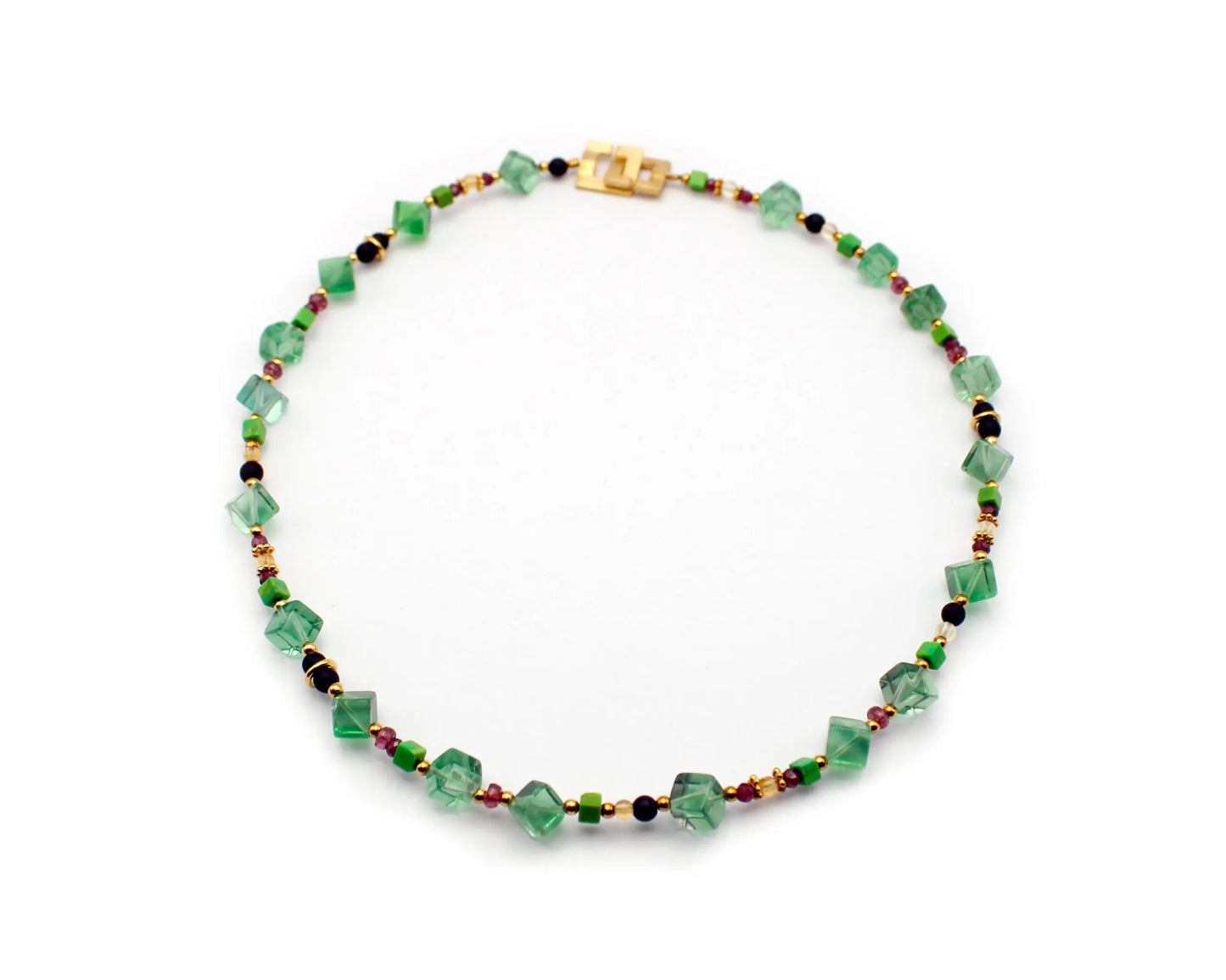 bunte edelsteinkette jelly 45cm mit fluorit granat turmalin onyx gaspith und vergoldetem viereckverschluss