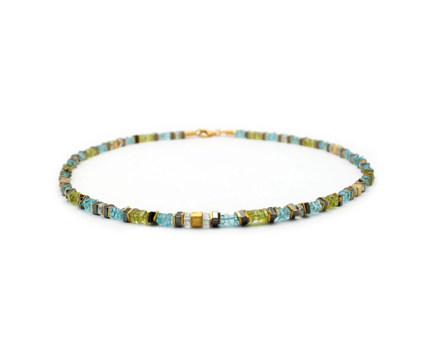 edelsteinkette marina 45cm aquamarin peridot apatit hämatin viereckige steine vergoldeter silber karabinerverschluss