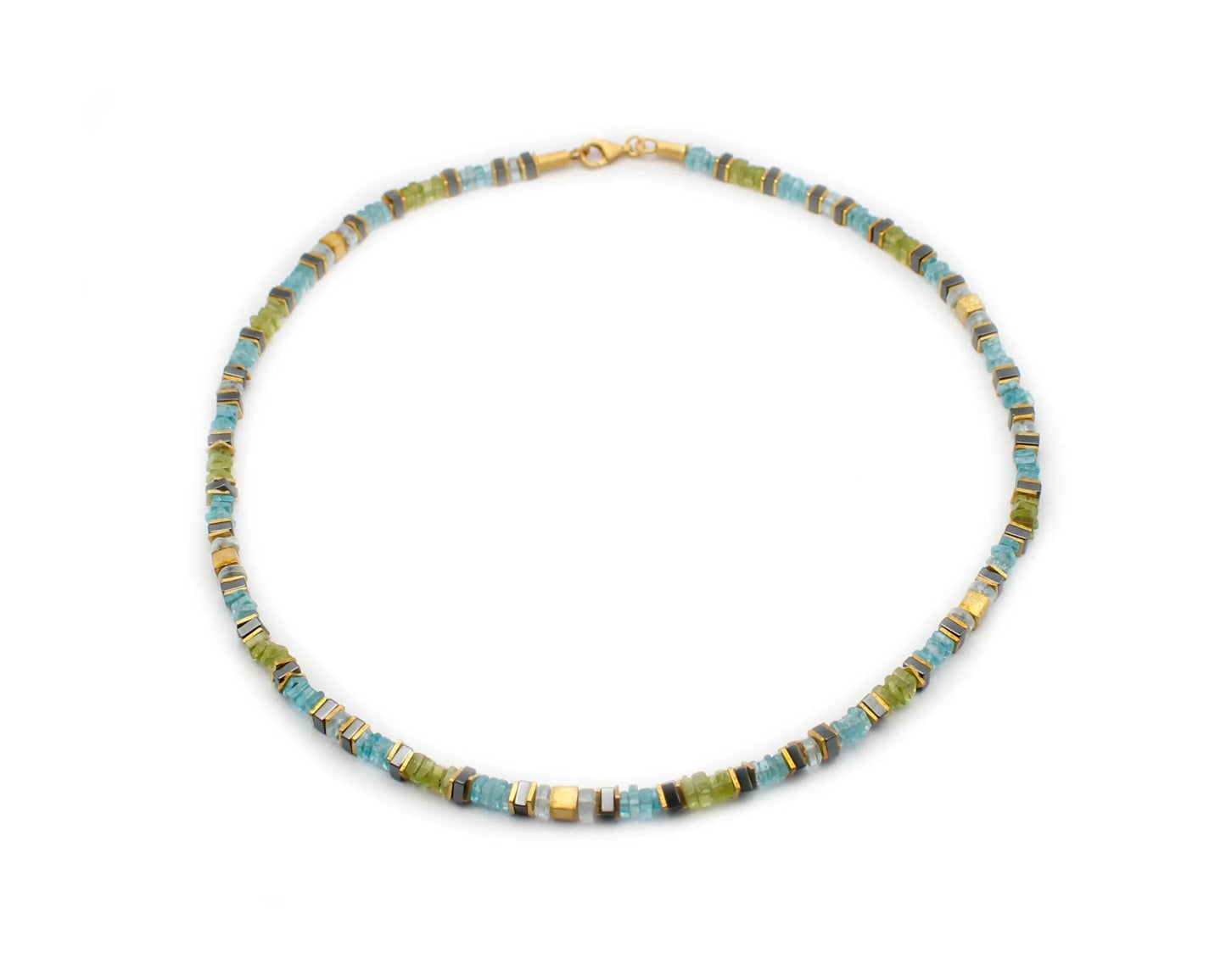 edelsteinkette marina 45cm aquamarin peridot apatit hämatin viereckige steine vergoldeter silber karabinerverschluss