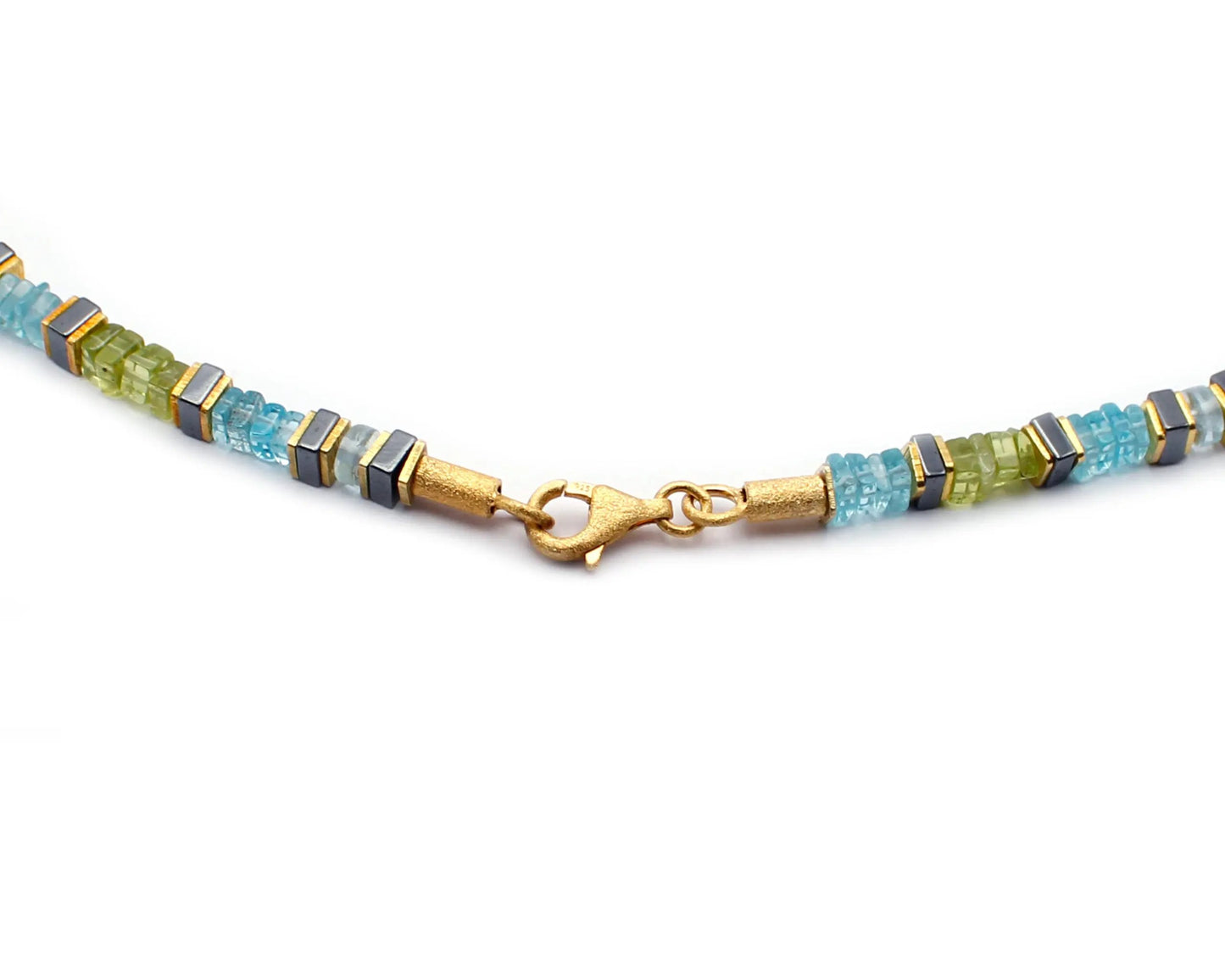 edelsteinkette marina 45cm aquamarin peridot apatit hämatin viereckige steine vergoldeter silber karabinerverschluss