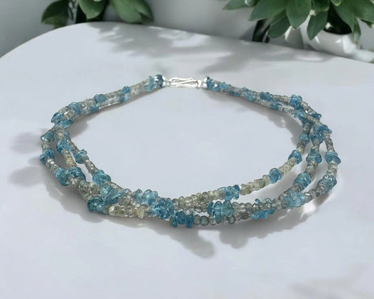 Kette mit Aquamarin und Labradorit Edelsteinen und Silberverschluss, 47 cm Länge