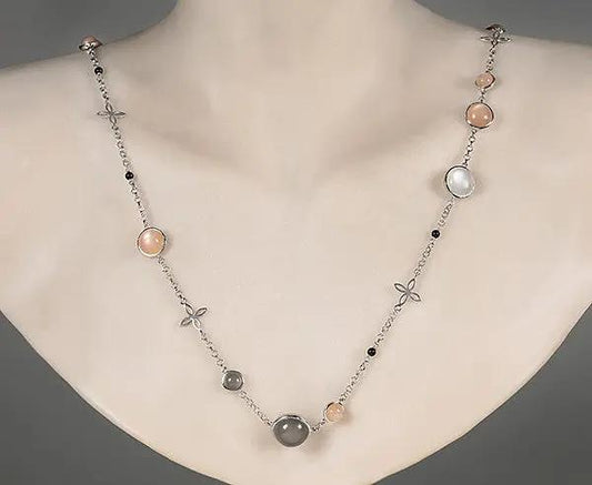 Rhodiniertes Silber Collier mit Mondstein-Cabochons und Onixkugeln