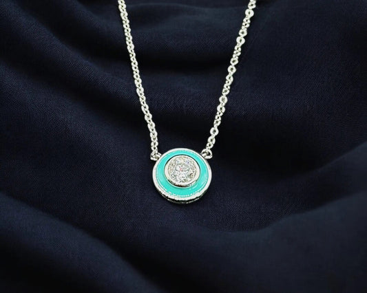 Rhodiniertes Silber Collier mit türkis emaillierten Elementen und weißen Zirkonia, 41,5 + 5 cm Länge