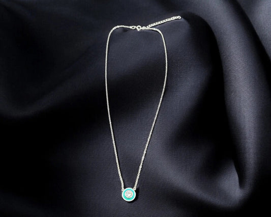 Rhodiniertes Silber Collier mit türkis emaillierten Elementen und weißen Zirkonia, 41,5 + 5 cm Länge