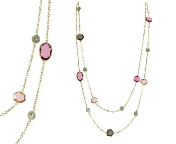 Luxuriöses Silber-Collier mit grauem Mondstein Labradorit und pinkfarbenem Glas vergoldet Länge 90 cm