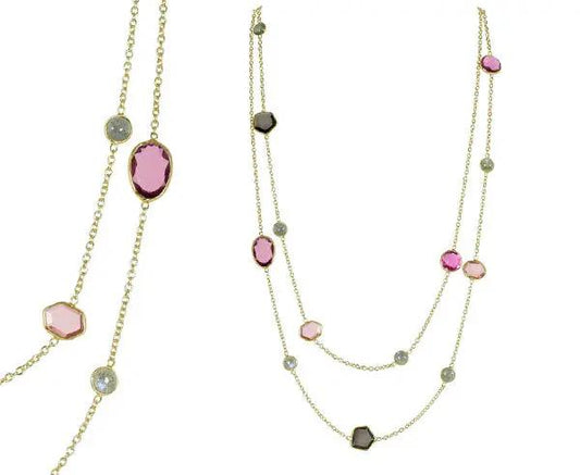 Luxuriöses Silber-Collier mit grauem Mondstein Labradorit und pinkfarbenem Glas vergoldet Länge 90 cm