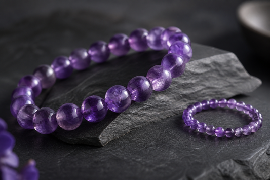 Amethyst Armband und Ring auf dunklem Stein | Tiger Treasure