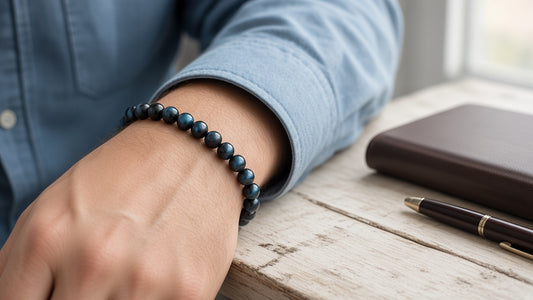 Falkenauge Armband am Handgelenk auf hellem Holztisch | Tiger Treasure