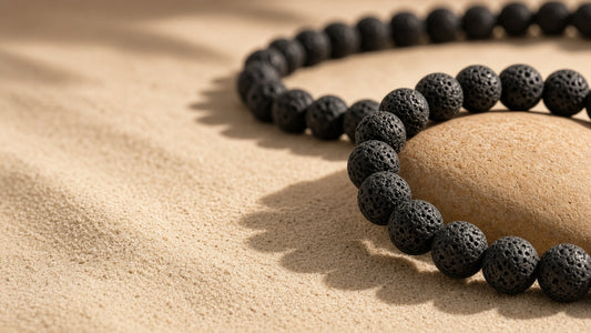 Armband aus mattschwarzen Lavasteinperlen auf hellem Sand mit ockerfarbenem Kiesel