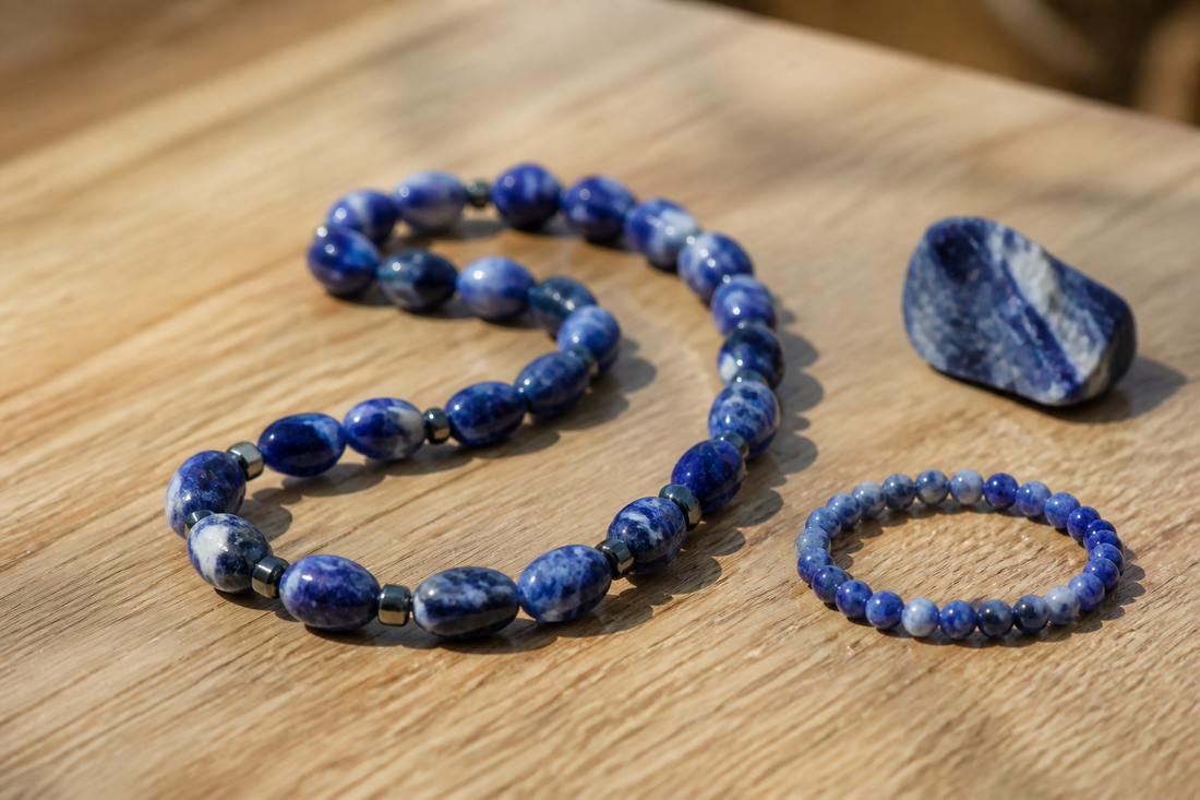 Sodalith Armband und Ring auf hellem Holz | Tiger Treasure