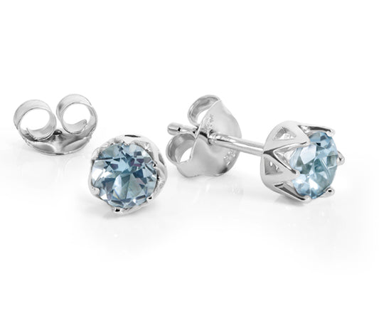 Silber Ohrstecker mit rund facettiertem blauem Edeltopas, 5 mm, rhodiniert