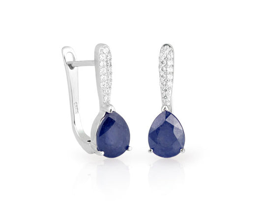 Elegante Silber-Creolen mit facettierten Edelsteinen, darunter behandelte Saphire (9x6 mm Birnkern) und Zirkonia