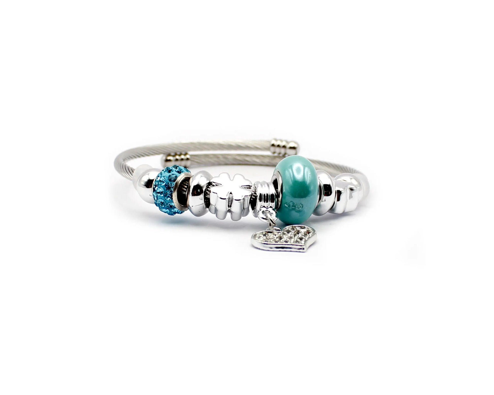 Edelstahl Armreif 19 cm mit türkisfarbener und blauer Edelsteinkugel sowie Herzanhänger mit Zirkonia für Damen