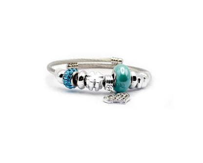 Edelstahl Armreif 19 cm mit türkisfarbener und blauer Edelsteinkugel sowie Herzanhänger mit Zirkonia für Damen