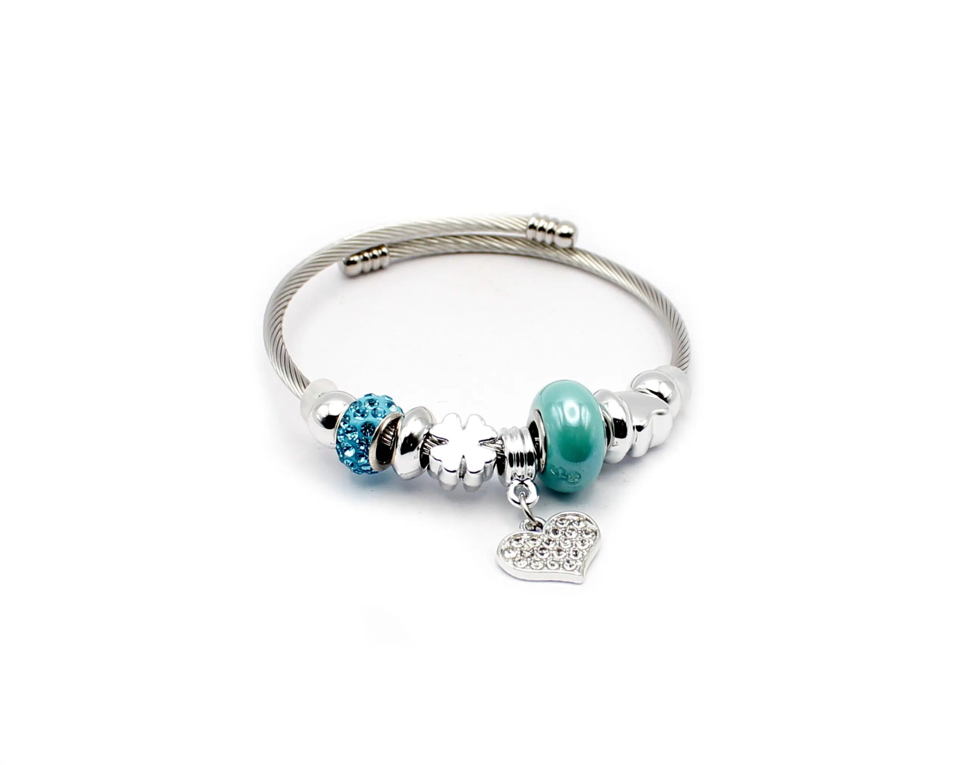 Edelstahl Armreif 19 cm mit türkisfarbener und blauer Edelsteinkugel sowie Herzanhänger mit Zirkonia für Damen