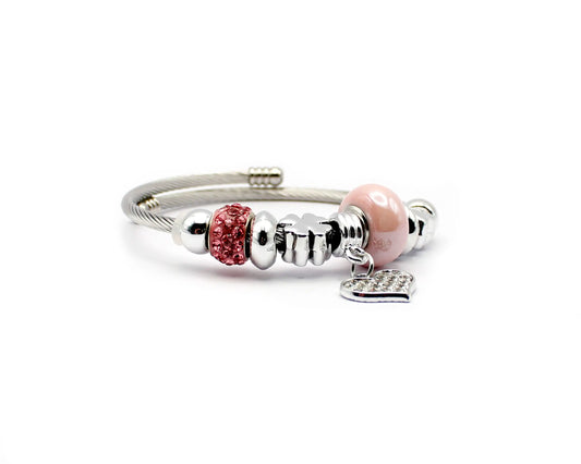 Edelstahl Armreif 19 cm mit rosa Edelsteinkugeln und Herzanhänger mit Zirkonia, zartes Schmuckstück für Damen