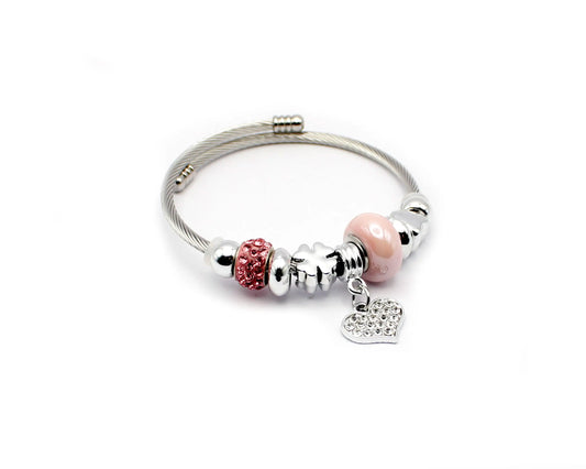 Edelstahl Armreif 19 cm mit rosa Edelsteinkugeln und Herzanhänger mit Zirkonia, zartes Schmuckstück für Damen