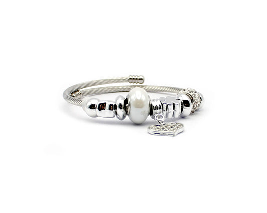 Edelstahl Armreif mit Symbolen, Edelsteinkugel und Herzanhänger mit Zirkonia, 19 cm Damen Schmuck