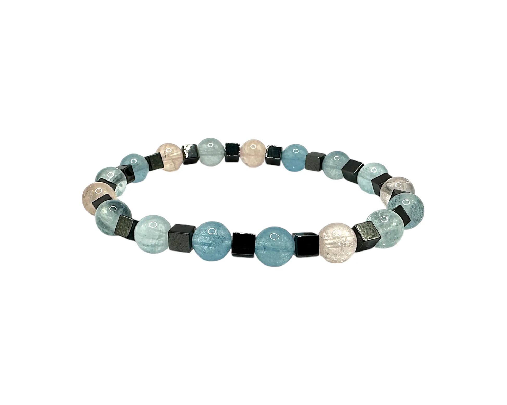 Handgefertigtes Beryll-Armband „Candy“ mit Hämatin-Würfeln, 19 cm, echtes Edelstein-Armband aus Deutschland, für Leichtigkeit und positive Energie