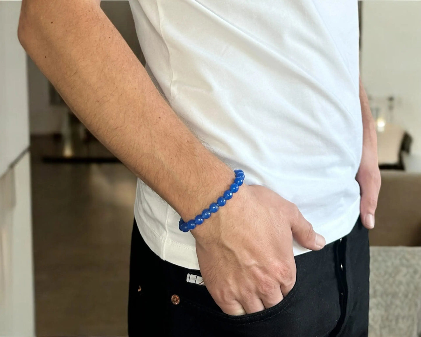 Handgefertigtes Blauachat-Armband mit 8 mm facettierten Perlen