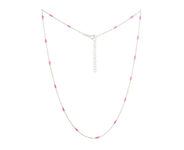 Emailliertes und rhodiniertes Silber Collier mit rosa Oliven