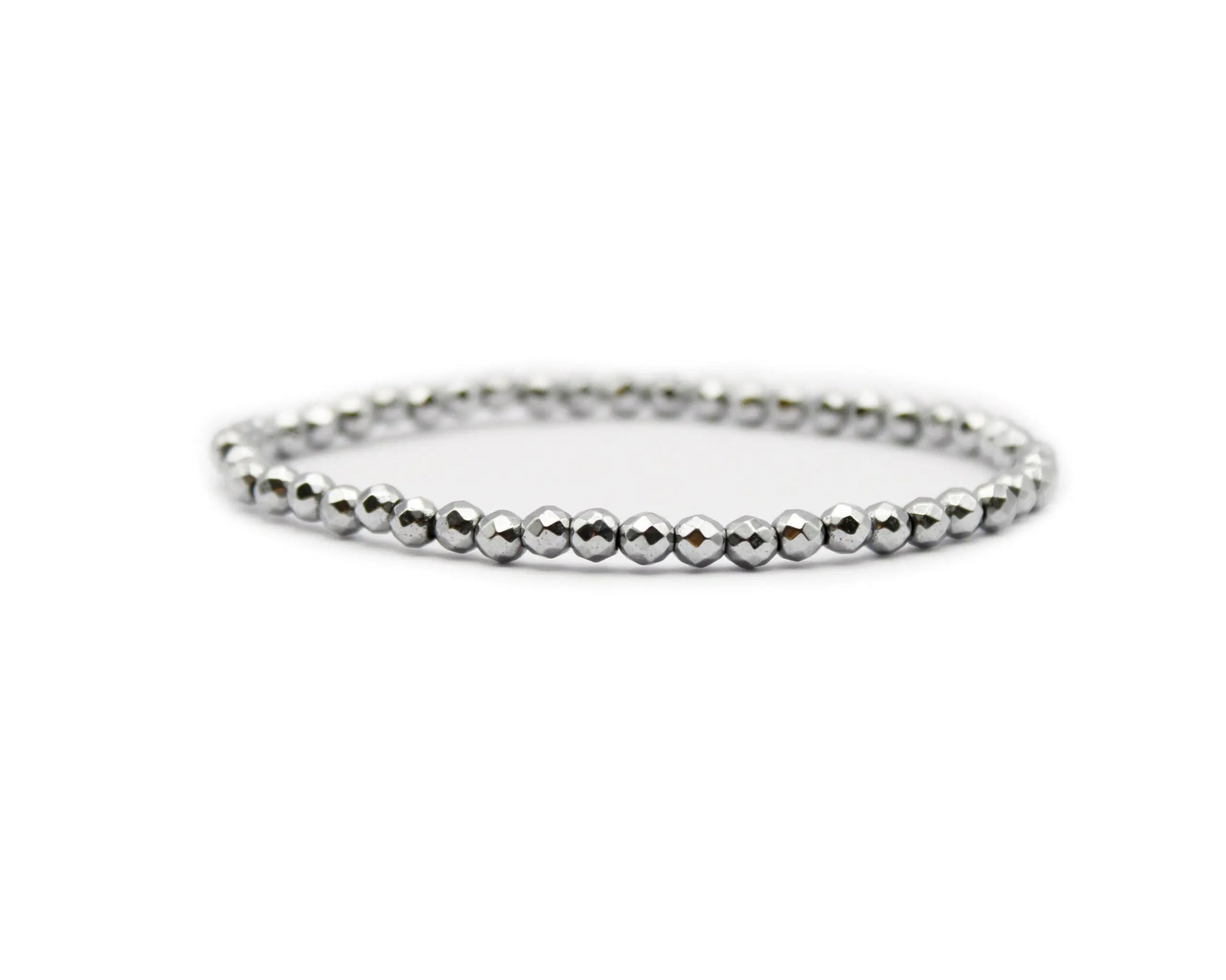 Elastisches Hämatin Armband mit rund facettierten 4 mm Edelsteinperlen, 19 cm Länge, handgefertigt für Damen und Herren
