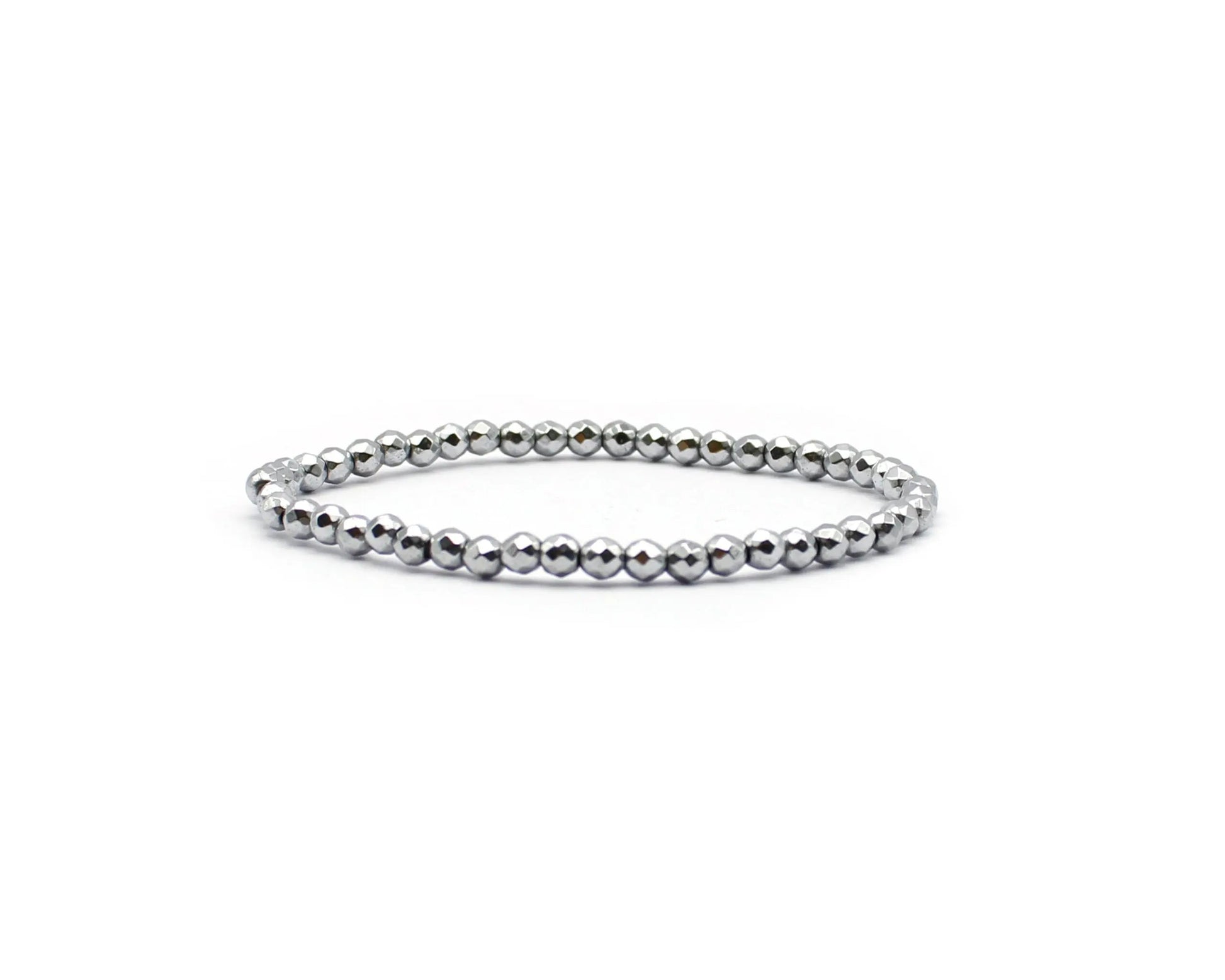 Elastisches Hämatin Armband mit rund facettierten 4 mm Edelsteinperlen, 19 cm Länge, handgefertigt für Damen und Herren