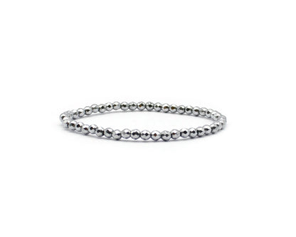 Elastisches Hämatin Armband mit rund facettierten 4 mm Edelsteinperlen, 19 cm Länge, handgefertigt für Damen und Herren