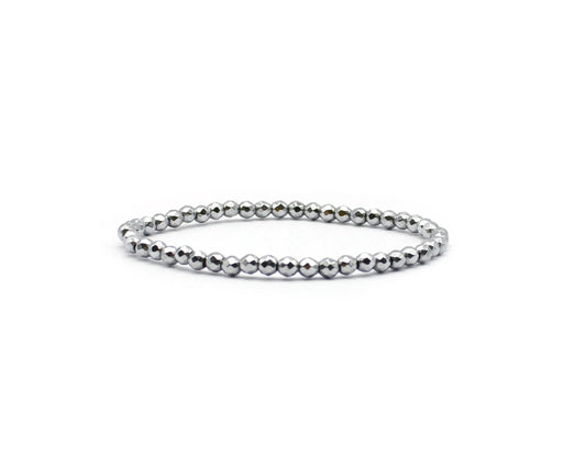 Elastisches Hämatin Armband mit rund facettierten 4 mm Edelsteinperlen, 19 cm Länge, handgefertigt für Damen und Herren