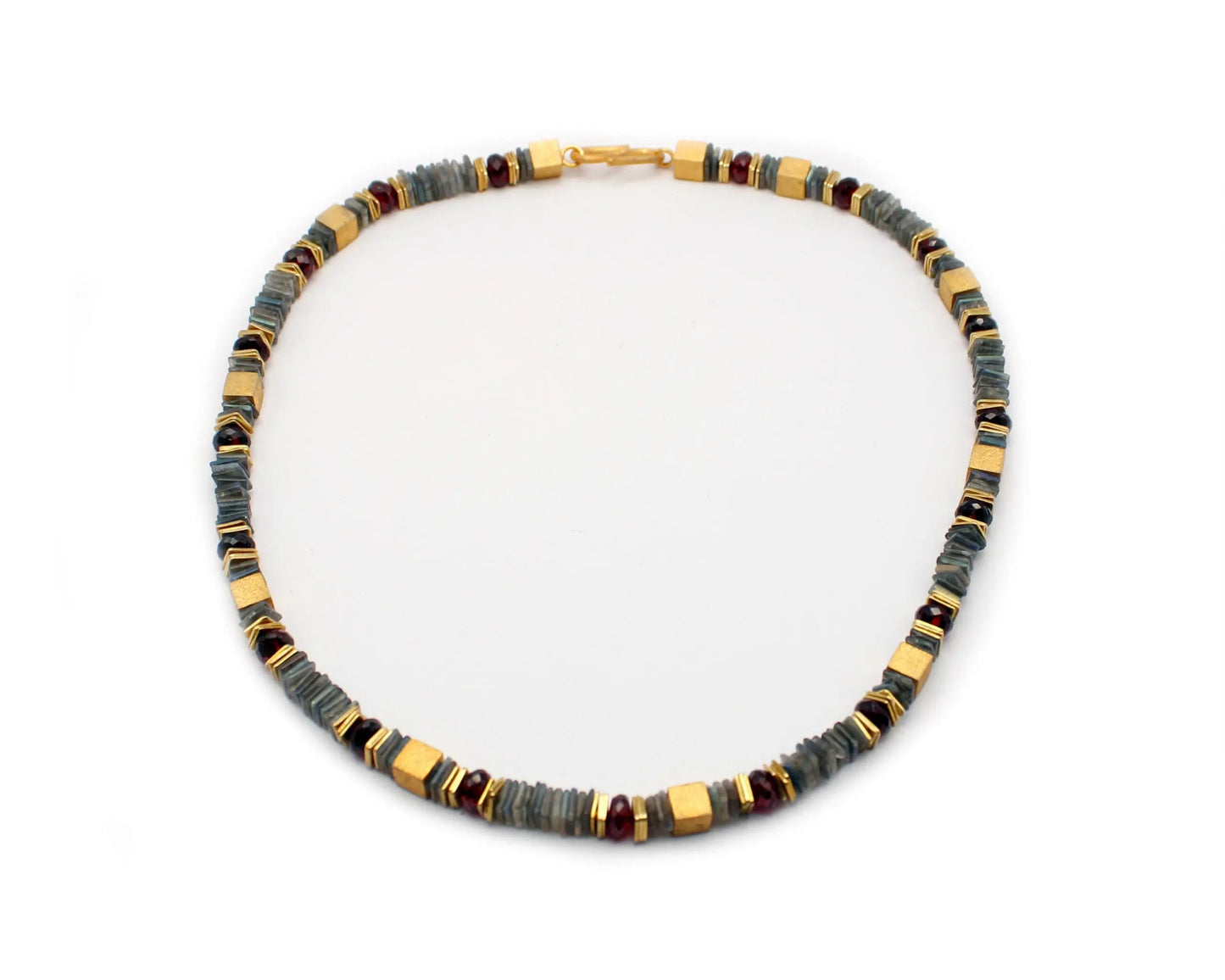 edelsteinkette valentin 45cm labradorit granat viereckig 6mm s-haken vergoldeter 925 silberverschluss handgefertigt