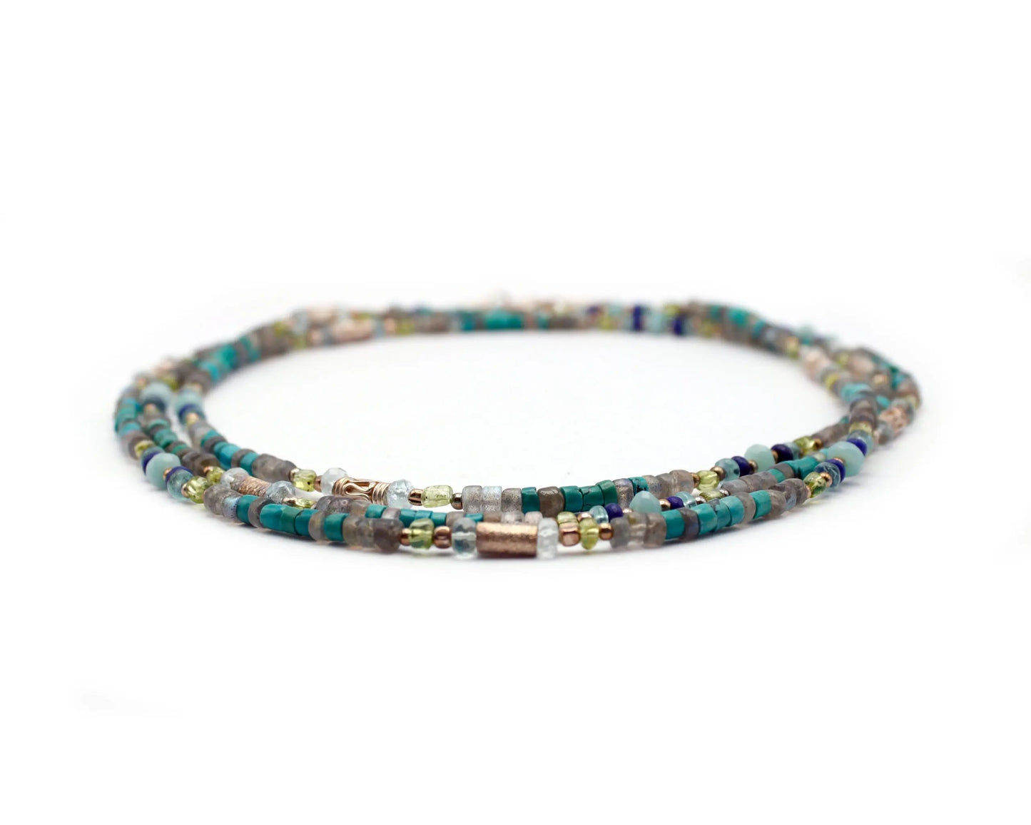 Lange Edelsteinkette 129 cm mit Labradorit Aquamarin Apatit & Lapis rund & zylindrisch 4 mm mit Karabinerverschluss aus 925 Silber