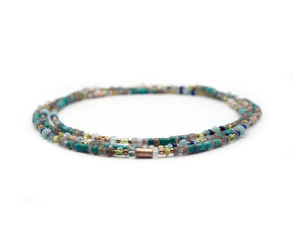 Lange Edelsteinkette 129 cm mit Labradorit Aquamarin Apatit & Lapis rund & zylindrisch 4 mm mit Karabinerverschluss aus 925 Silber