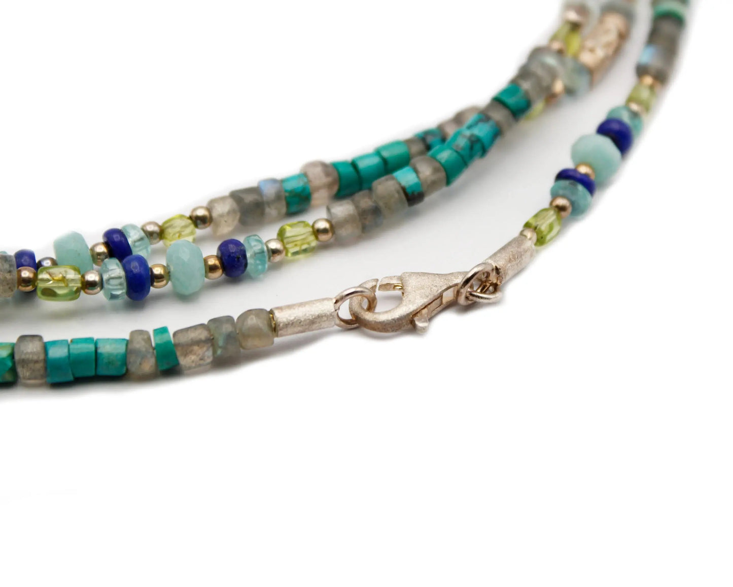 Lange Edelsteinkette 129 cm mit Labradorit Aquamarin Apatit & Lapis rund & zylindrisch 4 mm mit Karabinerverschluss aus 925 Silber