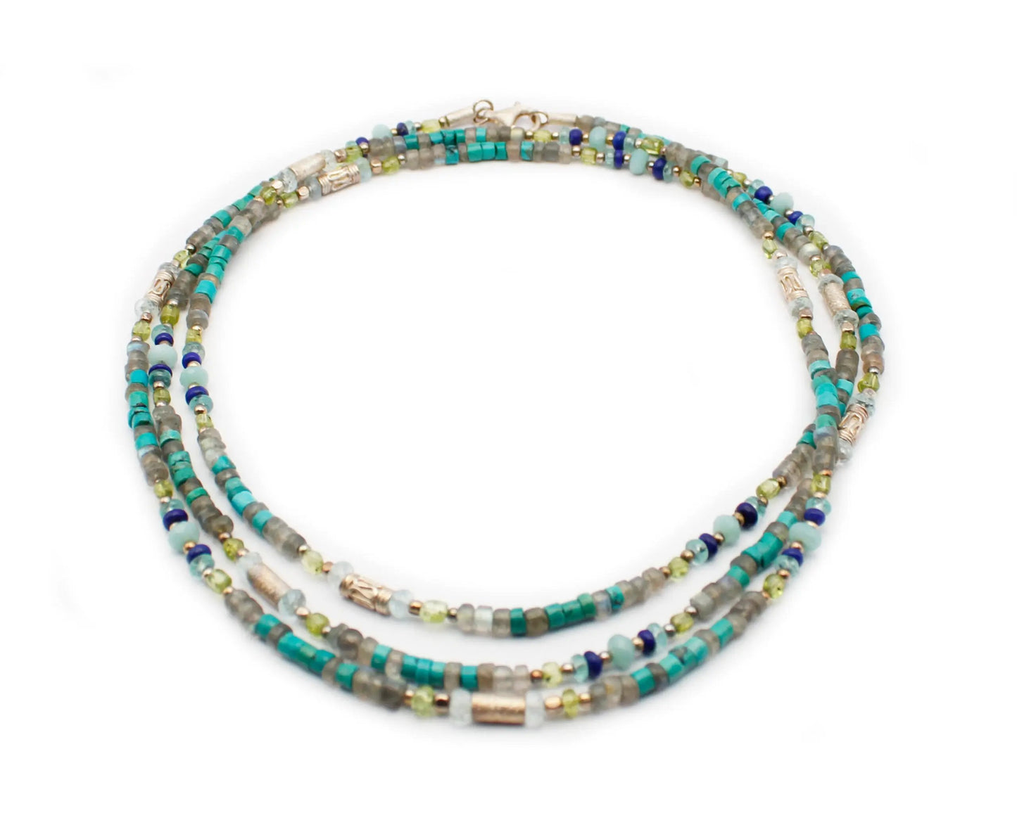 Lange Edelsteinkette 129 cm mit Labradorit Aquamarin Apatit & Lapis rund & zylindrisch 4 mm mit Karabinerverschluss aus 925 Silber